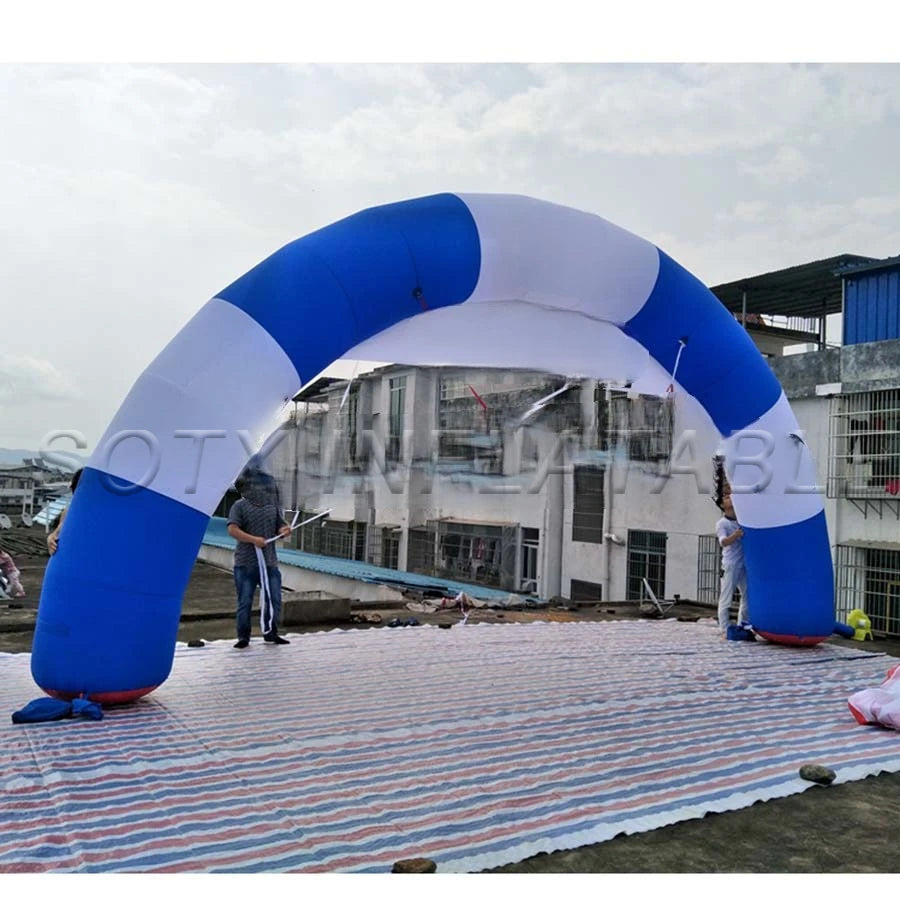 Banner for Advertising 8m wide Round Blue and White Strip Inflatable Finish Line Arch with Removable