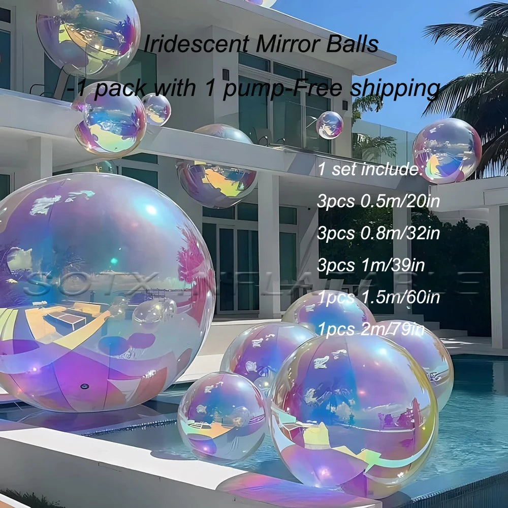 Hanging Party Decoration Iridescent Silver Inflatable Mirror Ball Set Reusable Mirror Sphere Rainbow Big Shinny Bubble Balloons