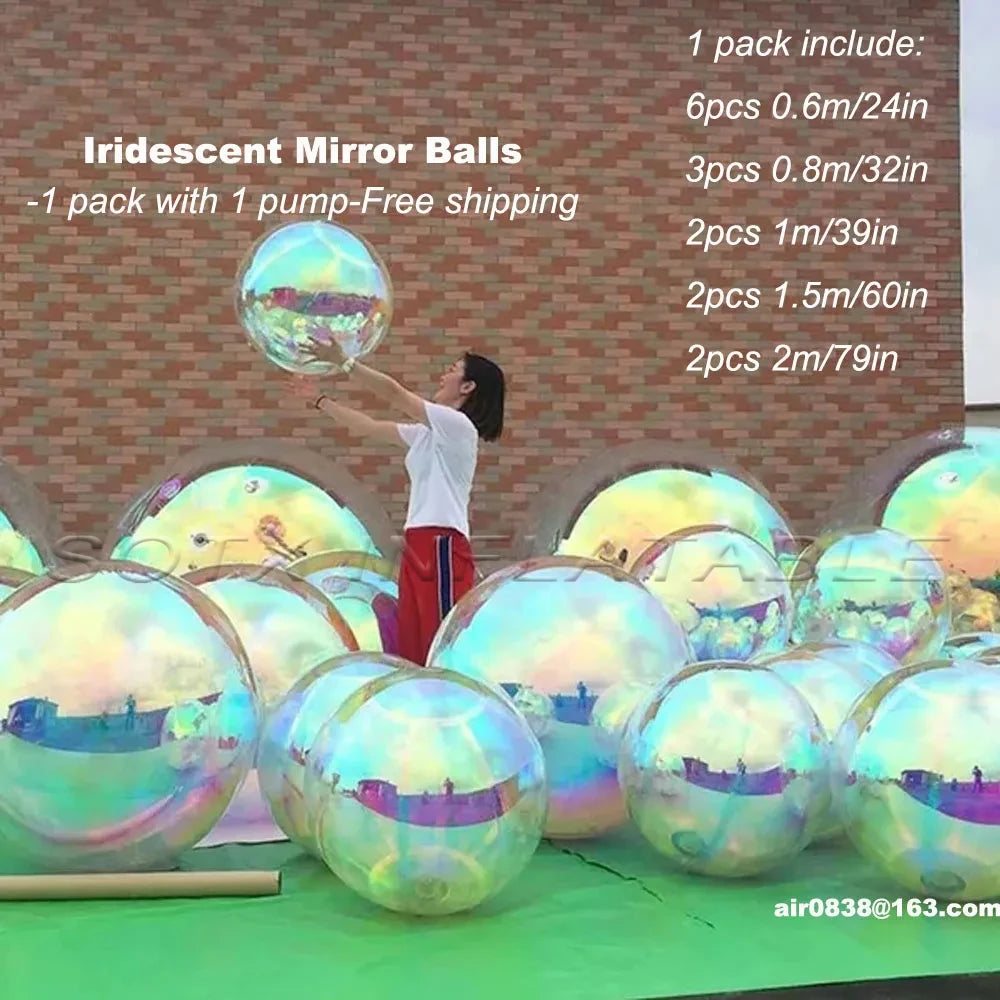 Hanging Party Decoration Iridescent Silver Inflatable Mirror Ball Set Reusable Mirror Sphere Rainbow Big Shinny Bubble Balloons