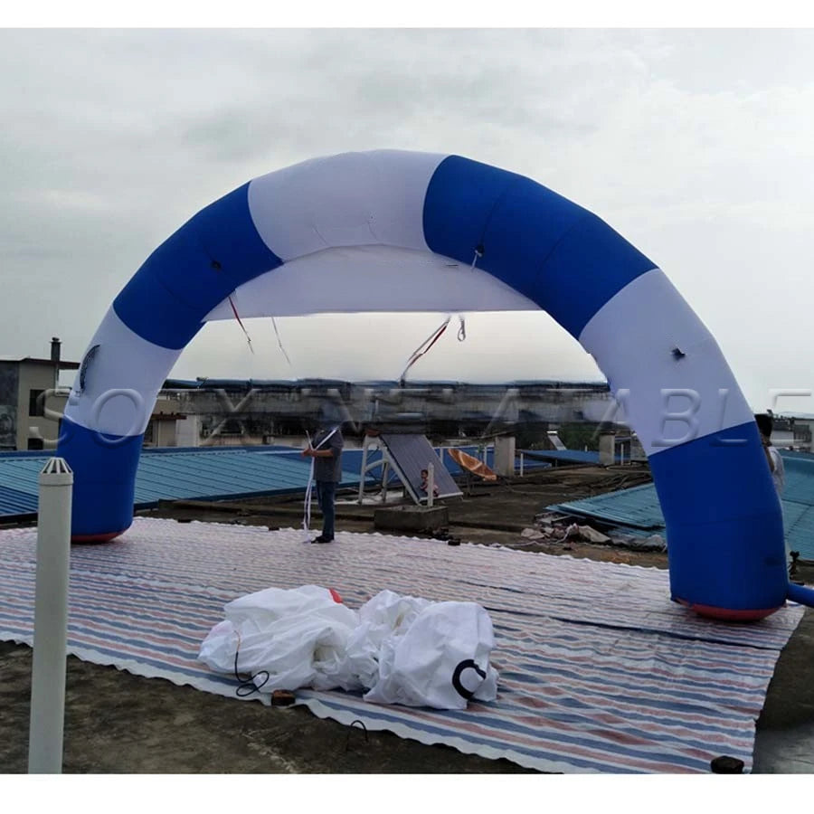 Banner for Advertising 8m wide Round Blue and White Strip Inflatable Finish Line Arch with Removable
