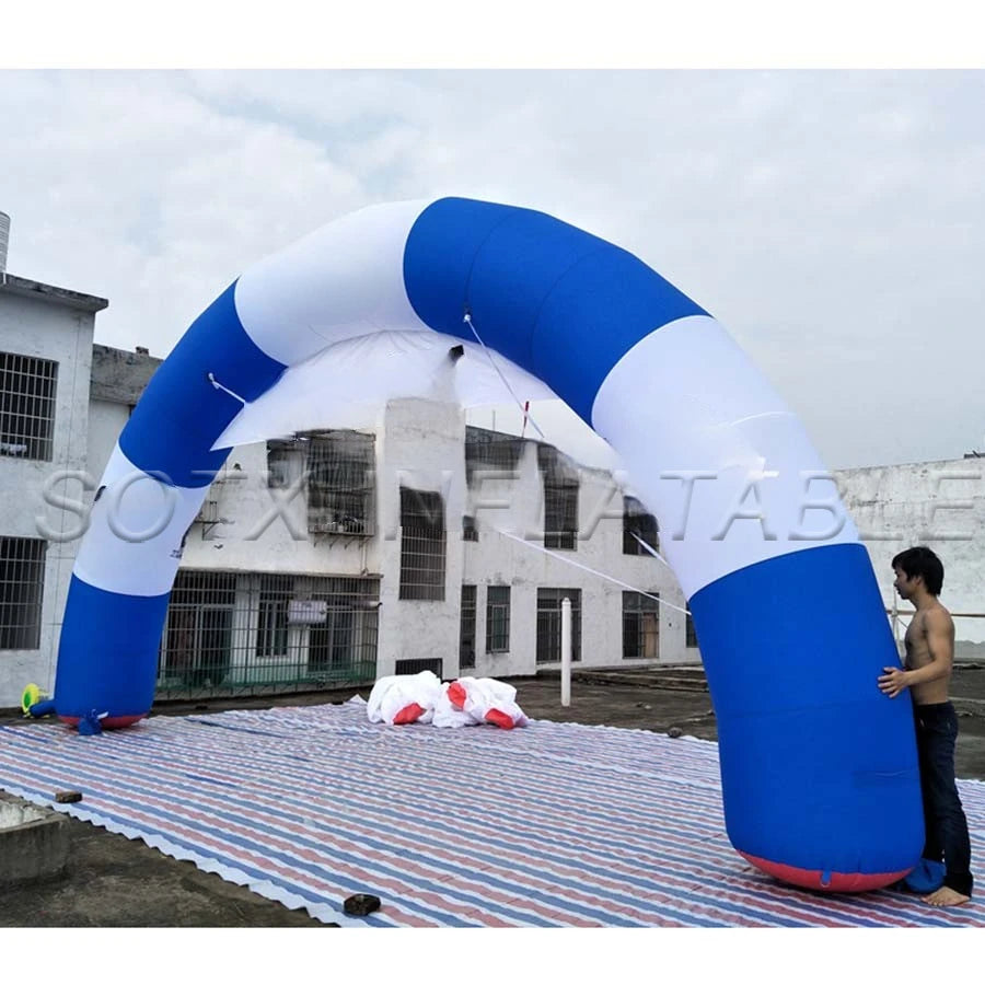 Banner for Advertising 8m wide Round Blue and White Strip Inflatable Finish Line Arch with Removable