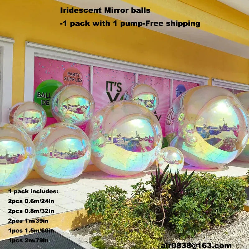 Hanging Party Decoration Iridescent Silver Inflatable Mirror Ball Set Reusable Mirror Sphere Rainbow Big Shinny Bubble Balloons