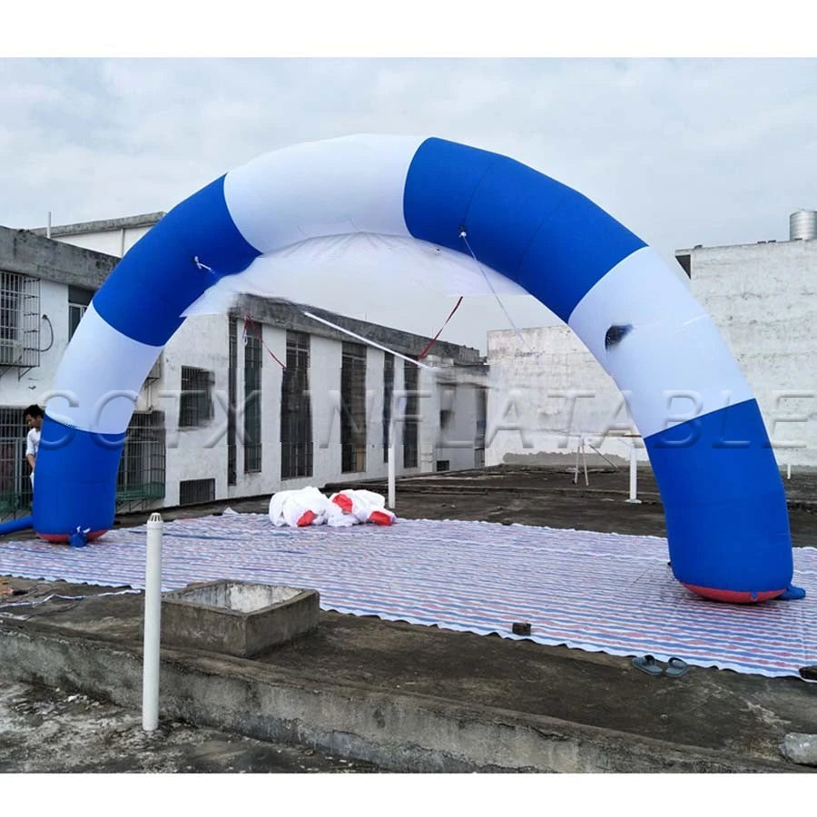 Banner for Advertising 8m wide Round Blue and White Strip Inflatable Finish Line Arch with Removable