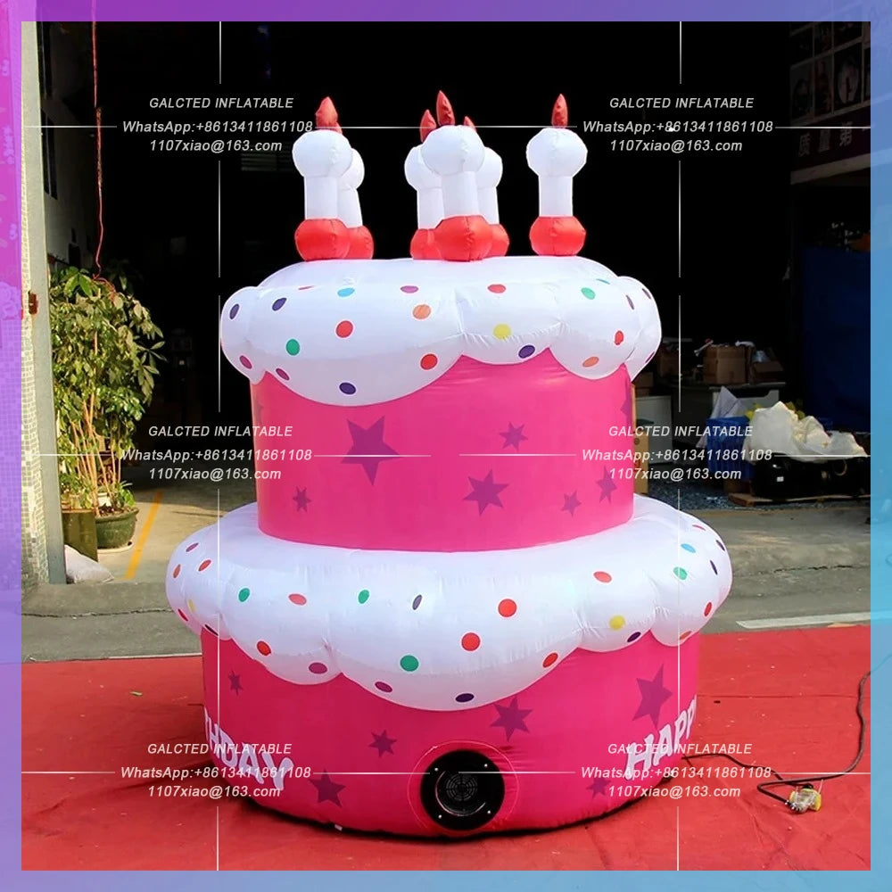 Inflatable Birthday Cake Model 6mh Oxford Cloth Pink Giant With Candle Custom Cake Balloon For Party Decoration