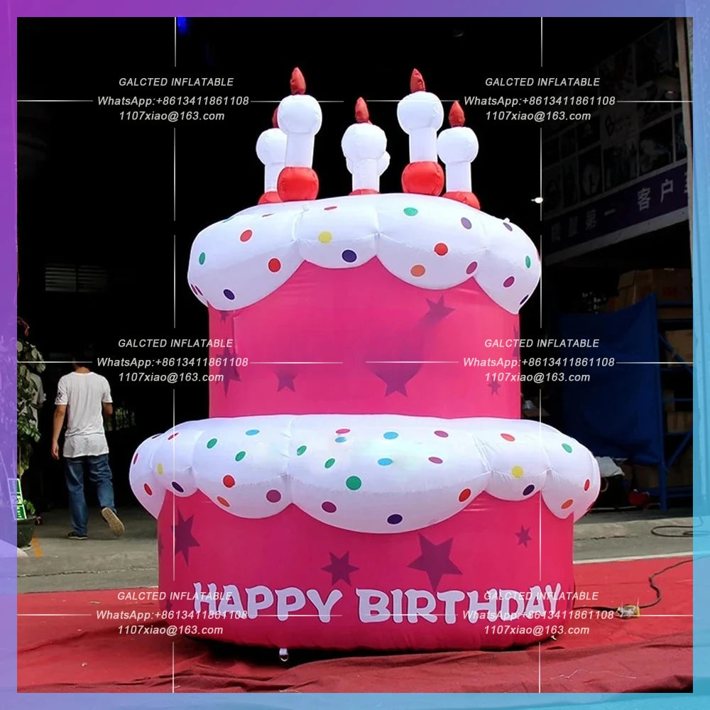 Inflatable Birthday Cake Model 6mh Oxford Cloth Pink Giant With Candle Custom Cake Balloon For Party Decoration