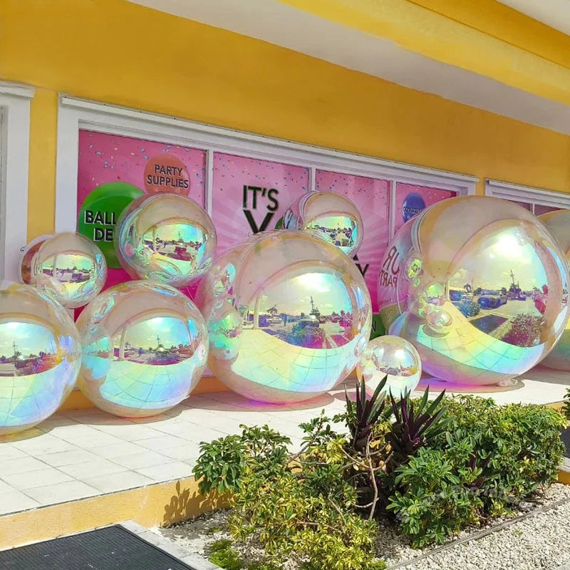 Hanging Party Decoration Iridescent Silver Inflatable Mirror Ball Set Reusable Mirror Sphere Rainbow Big Shinny Bubble Balloons