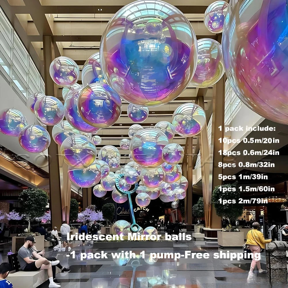 Hanging Party Decoration Iridescent Silver Inflatable Mirror Ball Set Reusable Mirror Sphere Rainbow Big Shinny Bubble Balloons