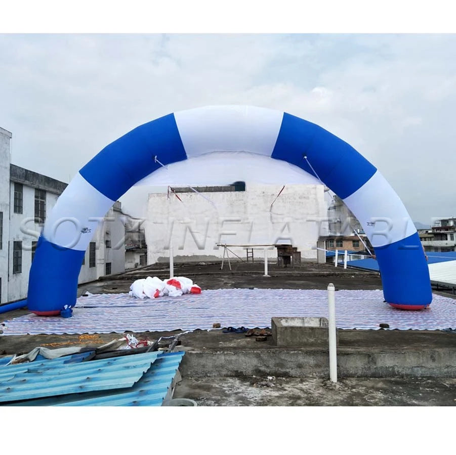 Banner for Advertising 8m wide Round Blue and White Strip Inflatable Finish Line Arch with Removable